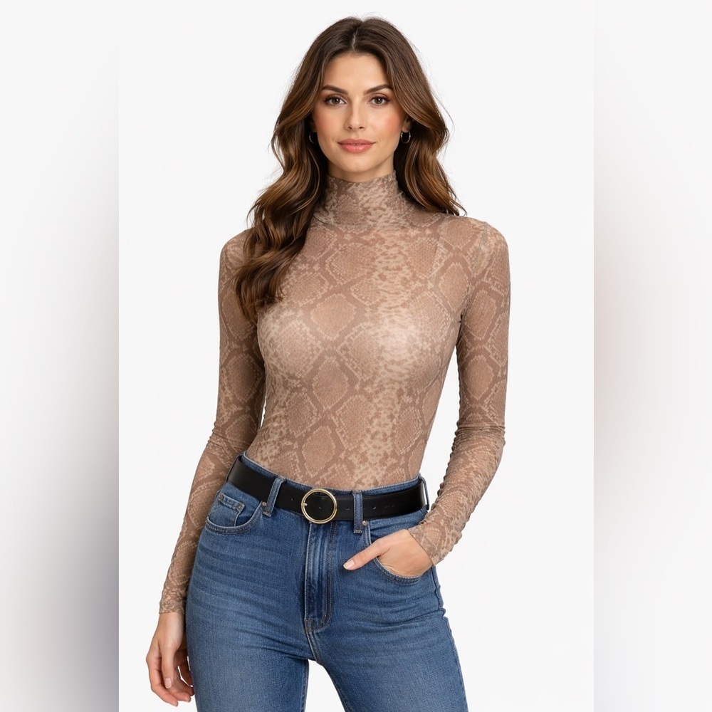 NA-KD Snake Print Mesh Turtleneck Top Women’s Size XS Sheer Long Sleeve